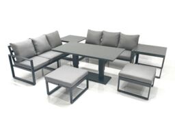 Fimous 8 Seater Aluminium Outdoor Garden Furniture Set w/ Adjustable Rising Lifting Dining Table 3 Seater Sofa 2 Big Footstool 2 Side Tables Dark Grey - thumbnail 2