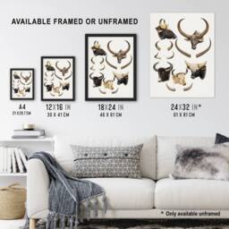 "Artery8 Bovine Animal Horns Vintage Illustration Lydekker Wall Art Poster in White - Size: W12"" x H16""" - thumbnail 3