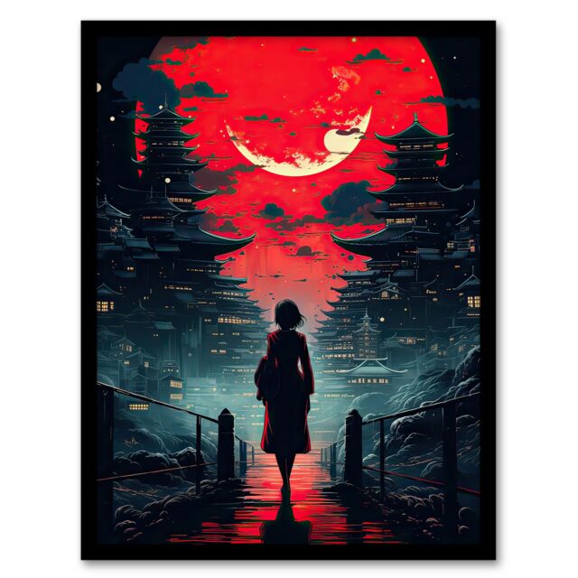 Artery8 Wall Art Print Tokyo Midnight Cyberpunk Conceptual Cityscape Framed Art Picture in Red - Size: A4 - image 1