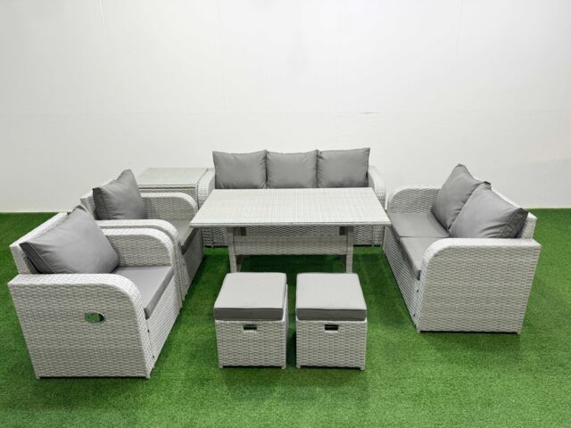 Fimous PE Rattan Garden Furniture Set Reclining Chair Sofa Double Love Seat 2 Seater Sofa Lounge Set Rectangular Dining Table 2 Stools Side Table - image 1