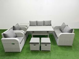 Fimous PE Rattan Garden Furniture Set Reclining Chair Sofa Double Love Seat 2 Seater Sofa Lounge Set Rectangular Dining Table 2 Stools Side Table - thumbnail 2