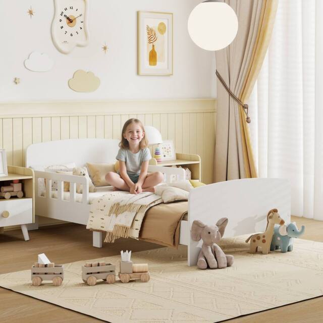 AIYAPLAY Kids Toddler Bed Frame with Safety Side Rails for 3-8 Years, White - image 1