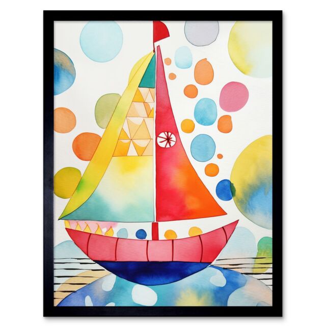 "Artery8 Wall Art Print Sailboat At Sunset Folk Art Framed in Black - Size: W12"" x H16""" - image 1