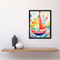 "Artery8 Wall Art Print Sailboat At Sunset Folk Art Framed in Black - Size: W12"" x H16""" - thumbnail 2