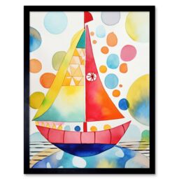 "Artery8 Wall Art Print Sailboat At Sunset Folk Art Framed in Black - Size: W12"" x H16""" - thumbnail 1
