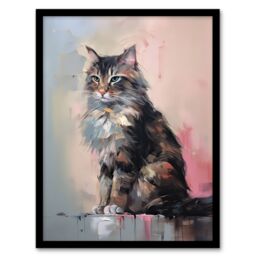 Artery8 Wall Art Print Norwegian Forest Cat Perched on Wall Oil Painting Grey Pink Brown Elegant Pet Portrait Artwork Framed - Size: A4 - thumbnail 1