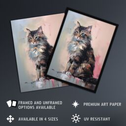 Artery8 Wall Art Print Norwegian Forest Cat Perched on Wall Oil Painting Grey Pink Brown Elegant Pet Portrait Artwork Framed - Size: A4 - thumbnail 2
