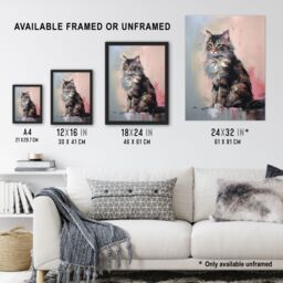 Artery8 Wall Art Print Norwegian Forest Cat Perched on Wall Oil Painting Grey Pink Brown Elegant Pet Portrait Artwork Framed - Size: A4 - thumbnail 3