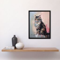 Artery8 Wall Art Print Norwegian Forest Cat Perched on Wall Oil Painting Grey Pink Brown Elegant Pet Portrait Artwork Framed - Size: A4 - thumbnail 4