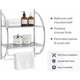 VOGREX Chrome 2 Tier Wall Mounted Bathroom Shelf Unit Rack With Towel in Silver - thumbnail 2