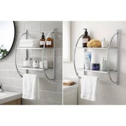 VOGREX Chrome 2 Tier Wall Mounted Bathroom Shelf Unit Rack With Towel in Silver - thumbnail 4
