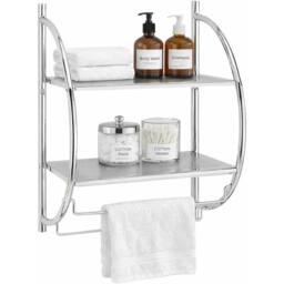 VOGREX Chrome 2 Tier Wall Mounted Bathroom Shelf Unit Rack With Towel in Silver - thumbnail 1