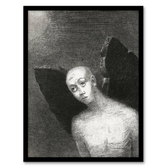 Artery8 Fallen Angel Spreads Black Wings Redon Vintage Framed Wall Art Print in Grey - Size: A4 - image 1