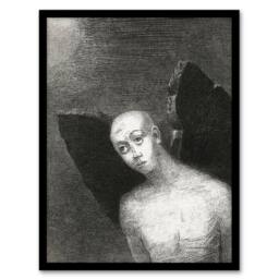 Artery8 Fallen Angel Spreads Black Wings Redon Vintage Framed Wall Art Print in Grey - Size: A4 - thumbnail 1
