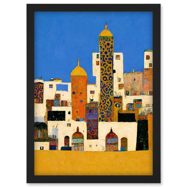 Artery8 Moroccan Cityscape Buildings Klimt Style Bold Artwork Framed Wall Art Print A4 in Black - image 1