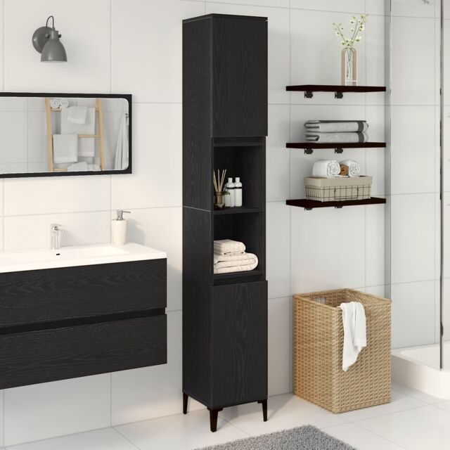 Berkfield Home Bathroom Cabinet Black Oak 30x30x190 cm Engineered Wood - Size: 30 x 30 x 190 cm - image 1