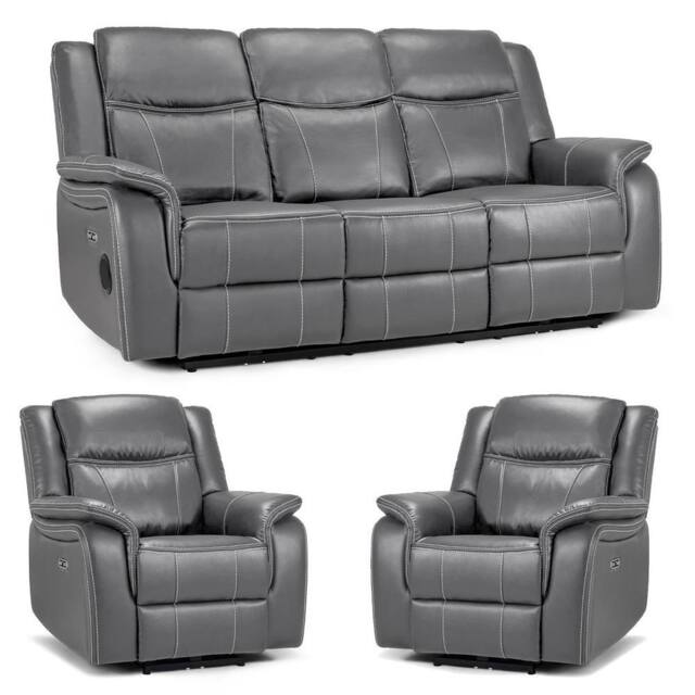 Furnishings For Less UK Orlando Grey Leather 3 Piece Electric Reclining Sofas 3 + 1 + 1 - image 1