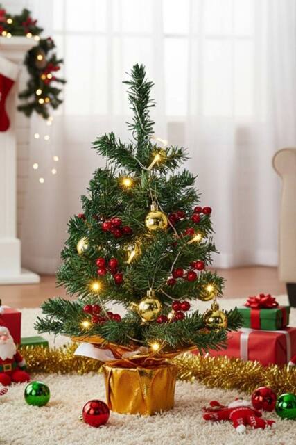 Living and Home 53cm Mini Pre-lit Christmas Tree with Ball Ornaments & Red Berries in Green - image 1