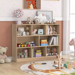 Costway Wood Storage Cube Bookcase 3 Tier 8 Cube Open Shelf Storage Cabinet in Natural - thumbnail 3