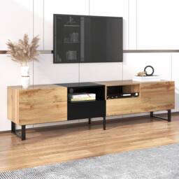 BTM 190 cm modern TV stand with doors & drawers, black & wood design - thumbnail 9