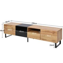 BTM 190 cm modern TV stand with doors & drawers, black & wood design - thumbnail 6