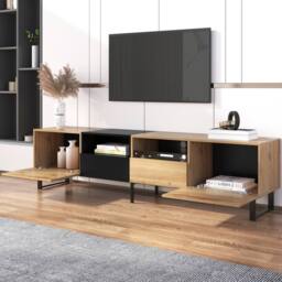 BTM 190 cm modern TV stand with doors & drawers, black & wood design - thumbnail 8