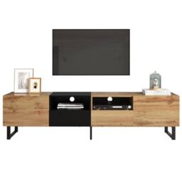 BTM 190 cm modern TV stand with doors & drawers, black & wood design - thumbnail 1