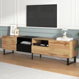 BTM 190 cm modern TV stand with doors & drawers, black & wood design - thumbnail 5