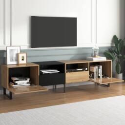 BTM 190 cm modern TV stand with doors & drawers, black & wood design - thumbnail 4