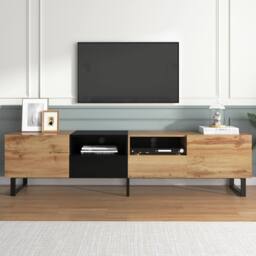 BTM 190 cm modern TV stand with doors & drawers, black & wood design - thumbnail 2