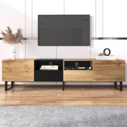 BTM 190 cm modern TV stand with doors & drawers, black & wood design - thumbnail 7