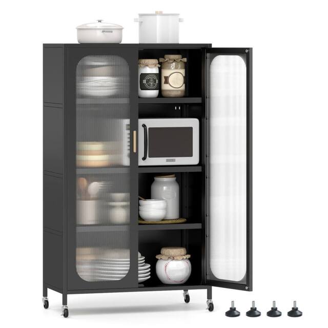 Gymax 5-Tier Tall Kitchen Pantry 2-Door Microwave Stand on Wheels Cabinet in Black - image 1