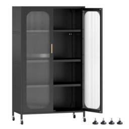 Gymax 5-Tier Tall Kitchen Pantry 2-Door Microwave Stand on Wheels Cabinet in Black - thumbnail 9
