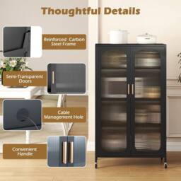 Gymax 5-Tier Tall Kitchen Pantry 2-Door Microwave Stand on Wheels Cabinet in Black - thumbnail 6