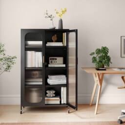 Gymax 5-Tier Tall Kitchen Pantry 2-Door Microwave Stand on Wheels Cabinet in Black - thumbnail 8