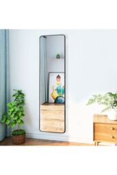Living and Home 37x147cm Black Metal Frame Full-Length Mirror with Stand - Wall-Mounted/Floor-Standing for Bedrooms, Dorms & Compact Spaces - thumbnail 2