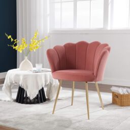 Home Source Boucle Fabric Scallop Shell Chair Wing Back Armchair Sofa Gold Legs in Pink - thumbnail 1