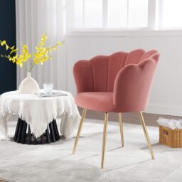 Home Source Boucle Fabric Scallop Shell Chair Wing Back Armchair Sofa Gold Legs in Pink - thumbnail 3
