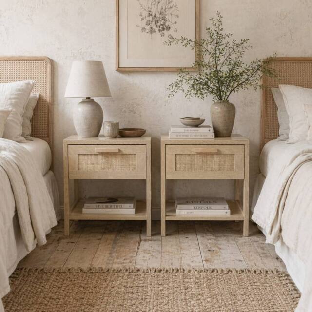 Wyld Haus Vicoha Set of 2 Natural Rattan Drawer Bedside Tables with Open Shelf - image 1