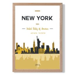 ARTZE New York Yellow & Black City Skyline Framed Print SIZE: A3 with Oak Frame - Size: A4