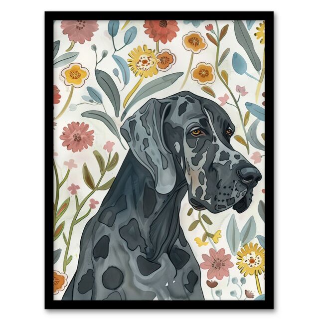 "Artery8 Great Dane Pet With Flowers Dog Lover Watercolour Framed Wall Art - Size: W12"" x H16""" - image 1