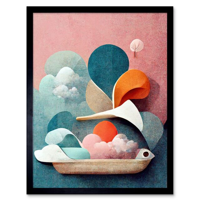 "Artery8 Wall Art Print Modern Boho Abstract Ship In Sky Clouds In Pastel Colours Toilet Art Framed in Black - Size: W12"" x H16""" - image 1