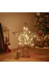 Living and Home Modern Metal Pre-Lit Star Christmas Tree Topper with Beads in Gold