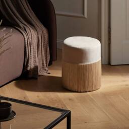 Wyld and Coco Velvet Beige Round Ottoman Pouffe with Tassels - thumbnail 1