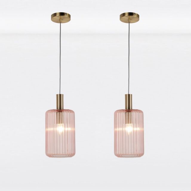First Choice Lighting Set of 2 Blush Pink & Gold Fluted Glass Design Pendant Fittings - image 1