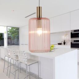 First Choice Lighting Set of 2 Blush Pink & Gold Fluted Glass Design Pendant Fittings - thumbnail 5