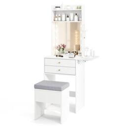 Costway Small Makeup Vanity Desk Dressing Table Set w/Mirror & Lights-White in White