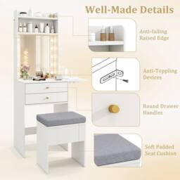 Costway Small Makeup Vanity Desk Dressing Table Set w/Mirror & Lights-White in White - thumbnail 7