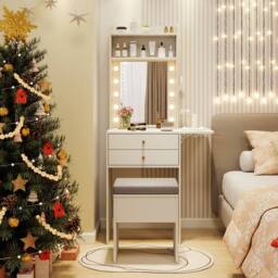 Costway Small Makeup Vanity Desk Dressing Table Set w/Mirror & Lights-White in White - thumbnail 5
