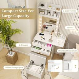 Costway Small Makeup Vanity Desk Dressing Table Set w/Mirror & Lights-White in White - thumbnail 2